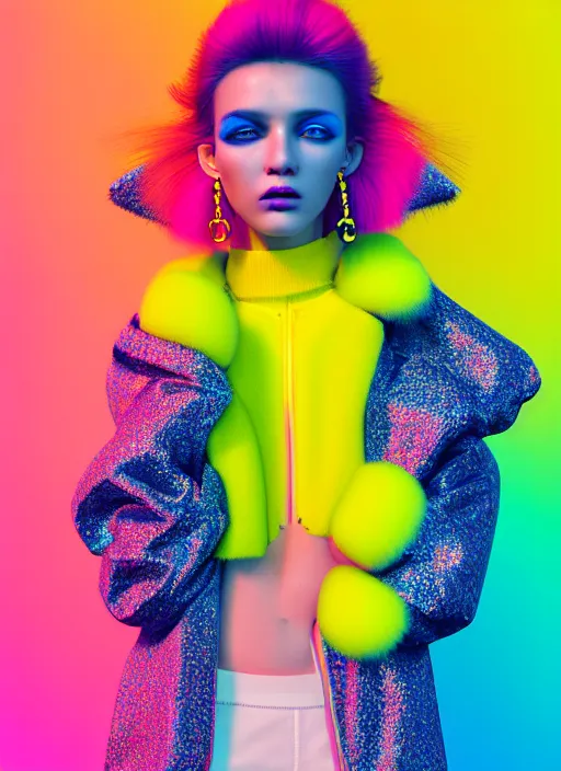 Prompt: coat for a rave, hairstyle, earrings, bright soft colors, soft yellow background, many details, prints, photo for a magazine, photo for a store, fashion photography, Vogue, 135 mm, cinematic, hyper realism, high detail, octane render, 8k, chrome accents, very coherent symmetrical artwork, perfect face model, Soft light, Reduced contrast