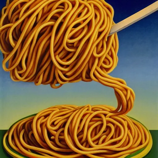 Image similar to painting of spaghetti by rene magritte, hd, 4 k, detailed, award winning