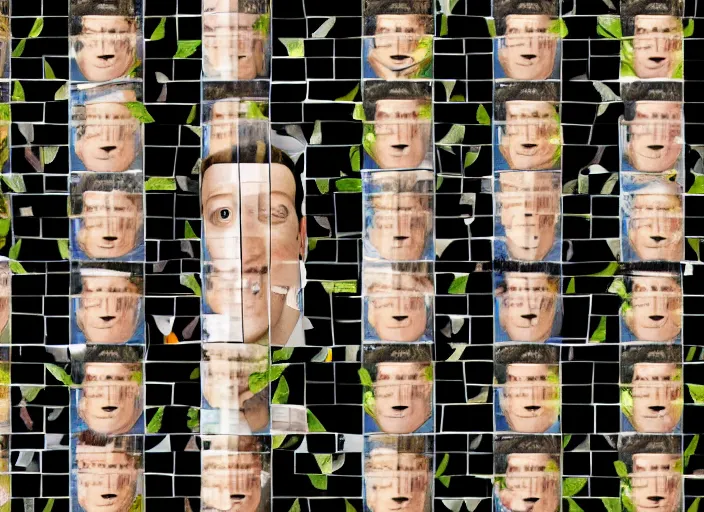 Image similar to zuckerberg's face composed of many small zucchinis in a mosaic pattern on black background