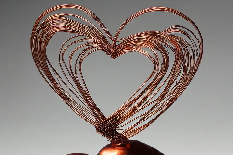 Image similar to a very beautiful tiny human heart organic sculpture made of copper wire and threaded pipes, very intricate, curved. studio lighting, high resolution, high quality, black background