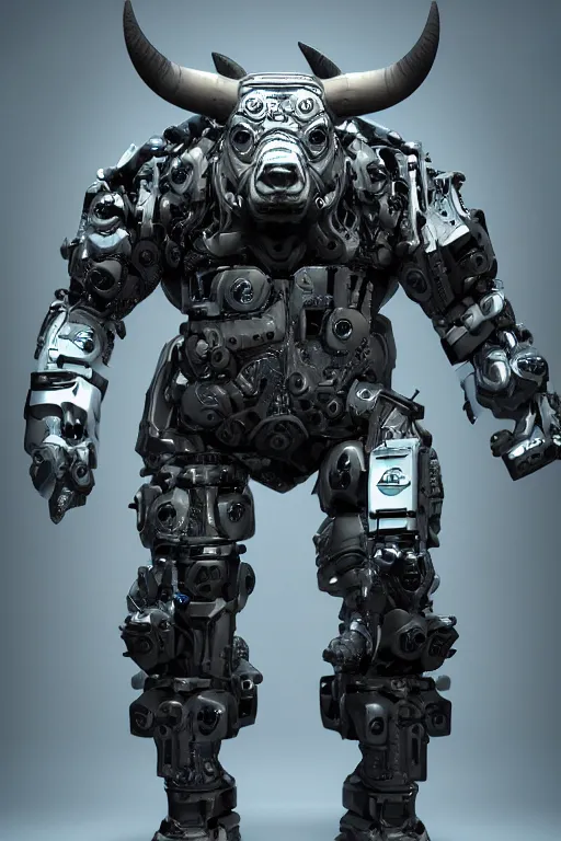 Prompt: a full body shot of a cyborg ( bull ) covered in hard rubber modeled after a bull looking into the camera, android, cyborg, full body shot, intricate, 3 d, hyper realism, fantasy, depth of field, octane render, symmetrical, highly detailed, digital art, artstation, concept art, cinematic lighting, trending