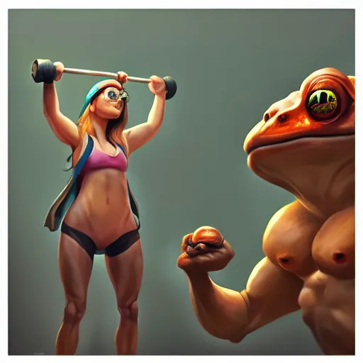 Image similar to A frog lifting weights, digital art, artstation, WLOP, CGSociety, Mandy Jurgens