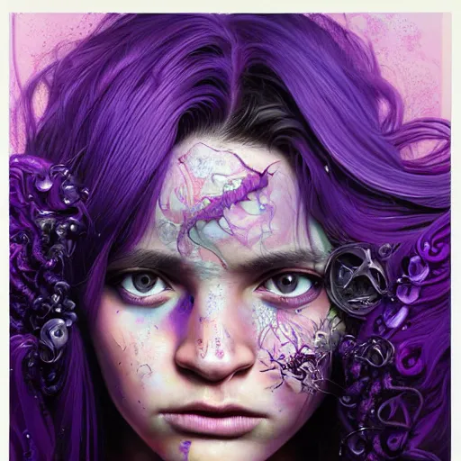 Image similar to detailed art portrait of a furious teen girl with thin, hair-like purple tentacles on her head and bright purple eyes, 8k,by tristan eaton, Stanley Artgermm,Tom Bagshaw,Greg Rutkowski,Carne Griffiths,trending on DeviantArt, face enhance,hyper detailed ,full of colour, dramatic light