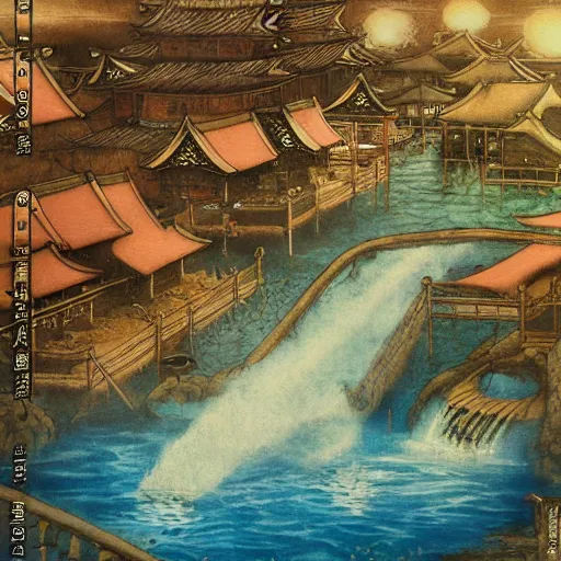 Prompt: feudal japanese waterpark painting by brain froud, charles vess, cinematic lighting, epic composition, highly detailed