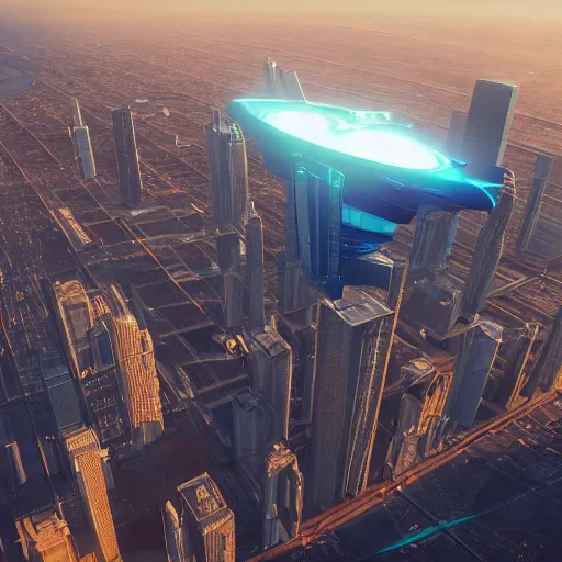 Image similar to 3d render of an advanced starship hovering above Chicago, Halo, 4k, artstation, cgsociety, cinematic lighting, detailed, textured, vivid colors, colorful, photorealistic, high dynamic range, HDR, trending on Artstation, Unreal Engine 4k, octane render, by Ivan Kramskoi and greg rutkowski and Ilya Kuvshinov and alphonse mucha