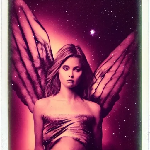 Prompt: a lost female angel glaring into your eyes, deep cosmic eyes, wide long wings made from dark cosmic nebulas, realistic photograph, polaroid pic by horror