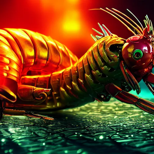 Image similar to a cyber shrimp god, evil, villain, studio, studio background, sharp focus, dynamic lights, still, photograph, hyper realistic, masterpiece, digital, octane render, rendered, 3 d, blender, 3 d software, cinematic, cinematic lighting, dramatic lighting, dramatic, highly detailed, intricate details, texture, slime, cinematic composition