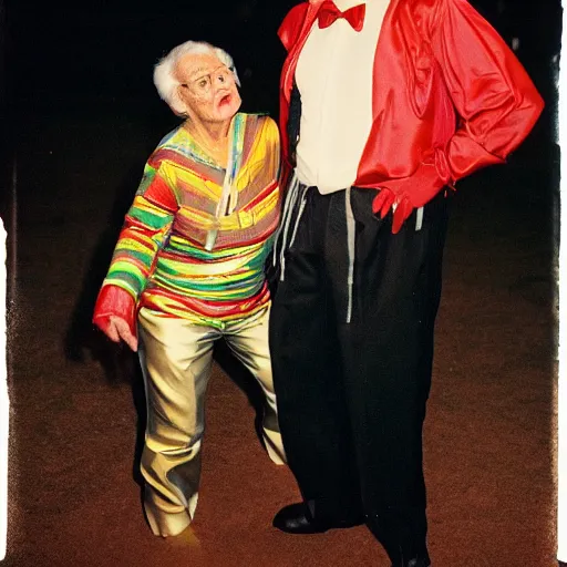 Image similar to a couple of grandparents of 1 0 0 years old wearing knight iron costume and dancing, kodachrome, backlight, add a glow around subj. edge, in twin peaks, 1 9 9 0 s