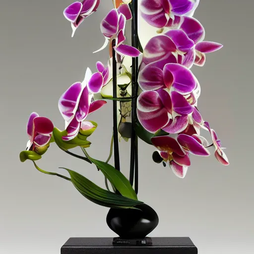 Image similar to futuristic phalaenopsis amabilis mecha tiger face in moon orchid body, sepals forming helmet, floral details, phalaenopsis, 8 k hd resolution, barbatos gundam with floral inlay, bandai box art, star wars, makoto kobayashi, frank gehry, raymond swanland