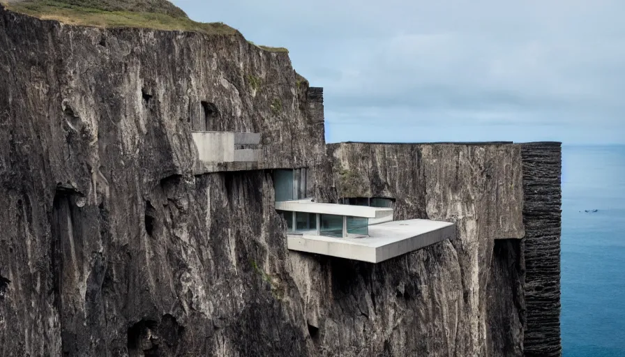 Prompt: brutalist base perched on a cliff overlooking a magnificient bay, brutalism architecture on cliffs, drawing architecture, pritzker architecture prize, cliffs crashing into the water below, cliffside, greig fraser