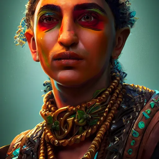 Image similar to an oil art close up portrait of young roma mage with hex magic in style of disco elysium character, gipsy jester character design from ravenloft, 4 k, ultra detail, volumetric lighting, unreal engine, octane render