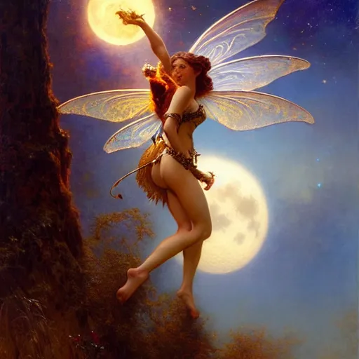 Image similar to attractive fairy queen fly high in the night, fantasy, full moon in background. hyper detailed painting by gaston bussiere, craig mullins, j. c. leyendecker, mid shot, 8 k, cryengone, cinematic lighting, beautiful,