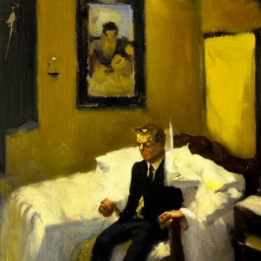 Image similar to man in yellow room, black suit, dean cornwell style