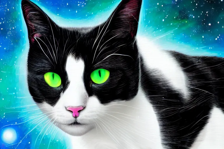 Prompt: a portrait of a beautiful black and white cat in space wearing a tuxedo with colorful bright green eyes, medium shot, hd, 8k, hyper-realism, detailed,