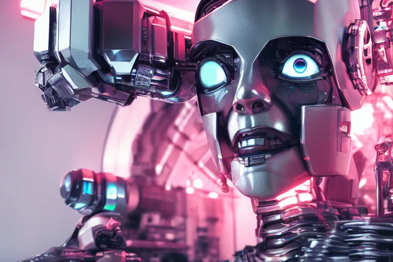 Image similar to cyberpunk robot with intricate machinery, made of diamond, headshot photography, 4K 3D render, desktopography, HD Wallpaper, digital art