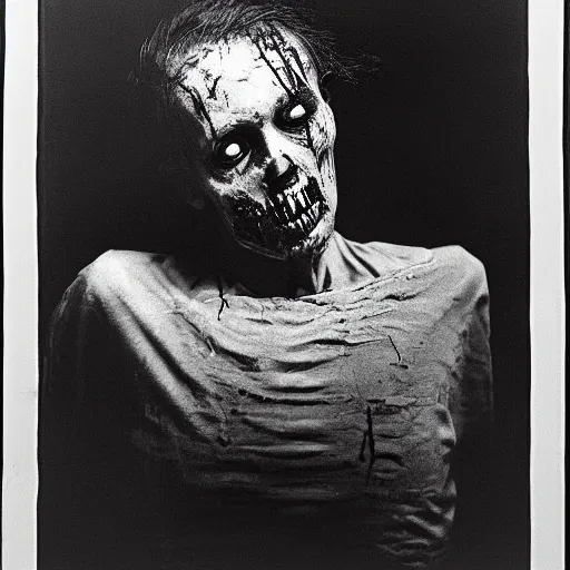 Prompt: black and white photograph the irradiated zombie wrapped in linen portrait dramatic lighting by Walker Evans