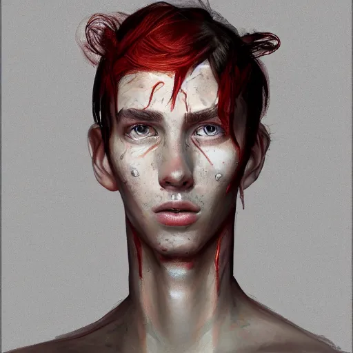 Image similar to portrait of a thin young man with long red hair, ponytail, a big scars, big gash on face, freckles on his face, an earring, intricate, elegant, glowing lights, highly detailed, digital painting, artstation, concept art, smooth, sharp focus, illustration