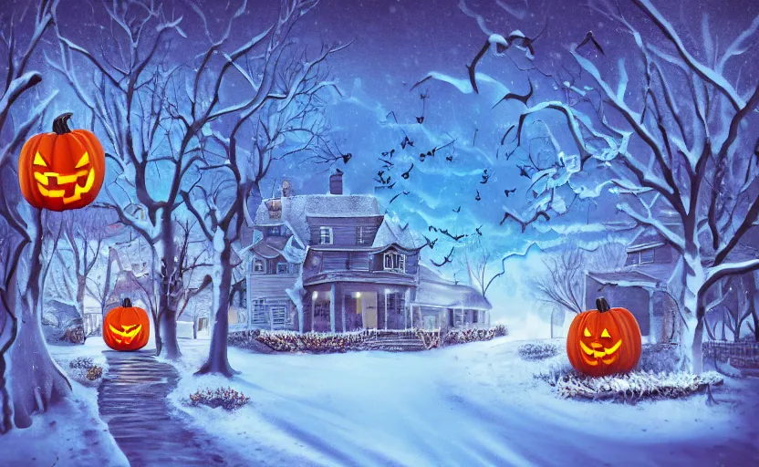 Image similar to “snowy halloween, digital art, award winning”