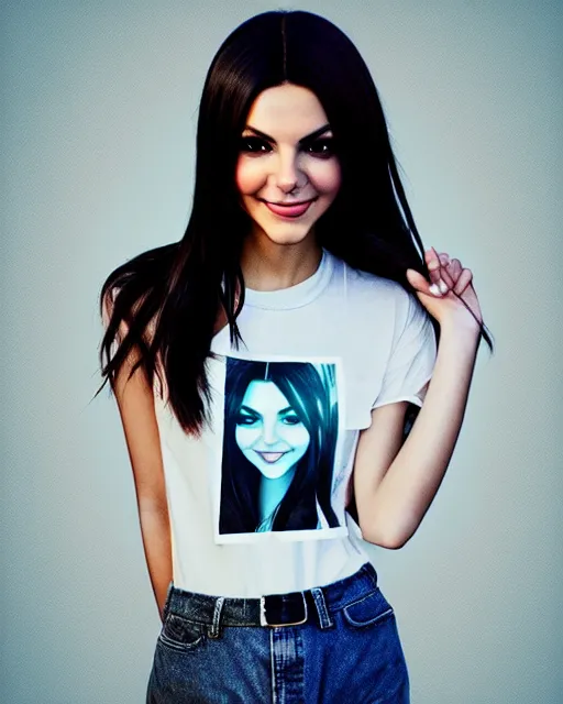 Image similar to full, up close, 1 2 0 mm film portrait of a beautiful victoria justice, in tshirt, stoned, happy, by saruei and guweiz and ilya kuvshinov and rockwell and warhol allover fashion photography, ultra clear and sharp focus, trending on artstation hq, deviantart, pinterest, unreal engine 5, 4 k uhd image