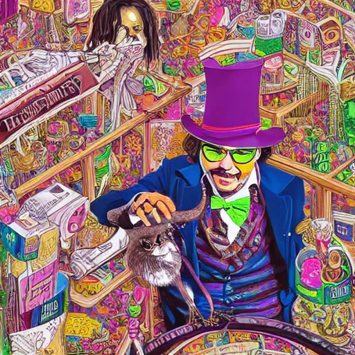 Image similar to Johnny Depp is covered in a blanket and drinking tea in Willy Wonka's Chocolate Factory, Illustration, Colorful, insanely detailed and intricate, super detailed, by mbsjq