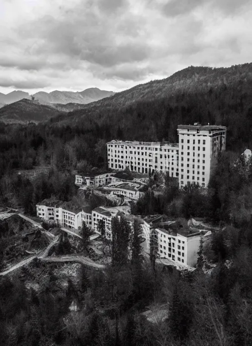 Image similar to old lost footage in black and white of a sanatorium on a beautiful mountain,hyper realistic 8K HD real life photo