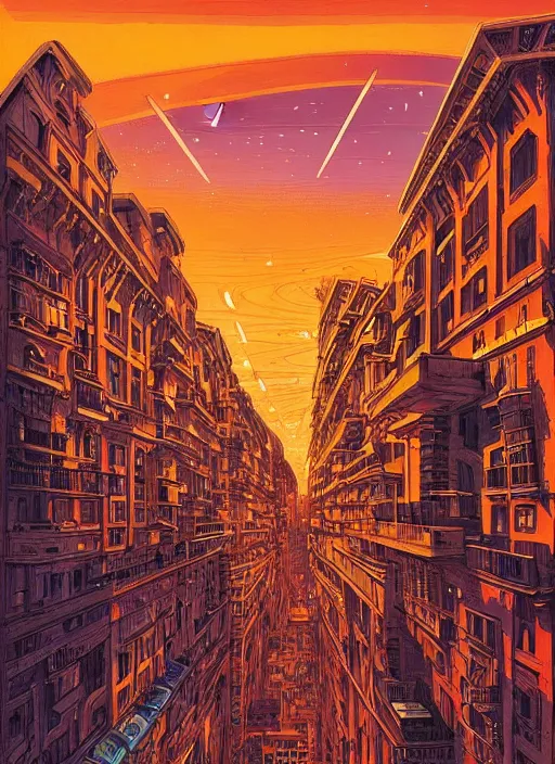 Image similar to ethereal starlit city at sunset, italian futurism, da vinci, Dan Mumford, Josan Gonzalez