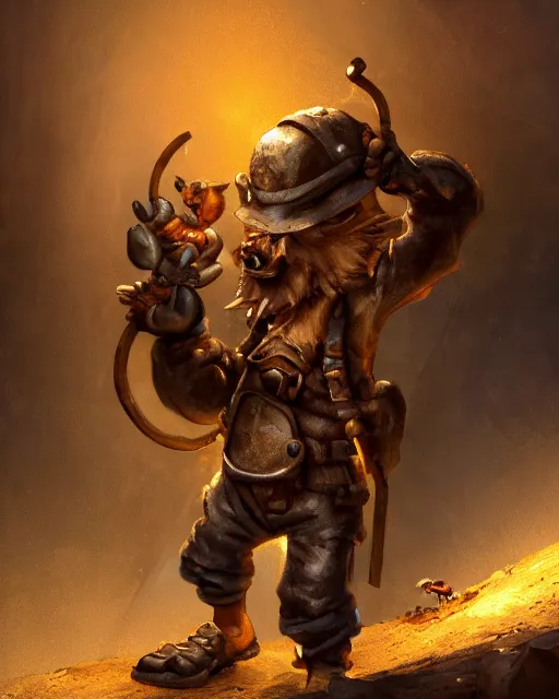 Image similar to oil painting of poor anthropomorphized mouse miner mining gold, pickaxe, close shot, full body, dark steampunk mine shaft background, sharp focus, fantasy style, octane render, volumetric lighting, 8k high definition, by greg rutkowski, highly detailed, trending on art Station, dungeons and dragons artwork, centered