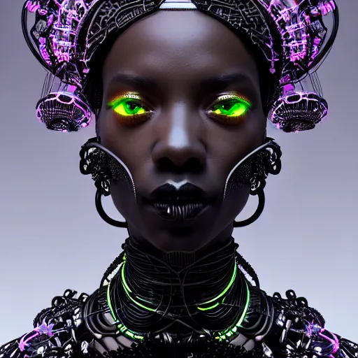 Image similar to portrait of an absurdly beautiful, graceful, sophisticated, fashionable black cyberpunk mechanoid gravure idol, hyperdetailed illustration by irakli nadar, maria borges, matt wisniewski style, intricate linework, dark black skin, neon jellyfish headdress, ivory carved ruff, unreal engine 5 highly rendered, global illumination, radiant light, detailed and intricate environment