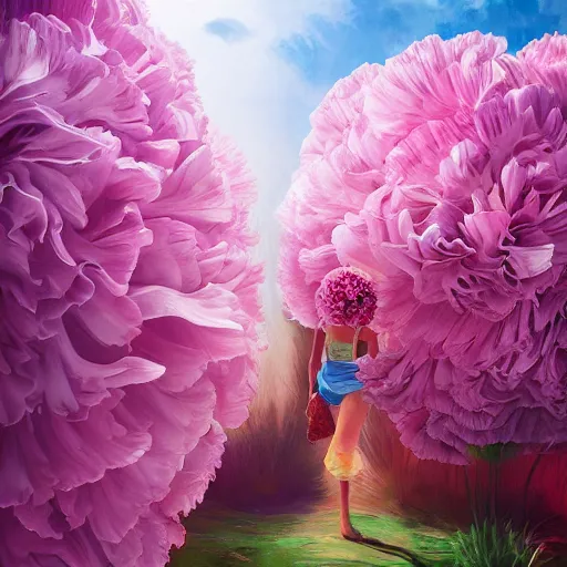 Prompt: enormous carnation flower head, woman walking between luxury apartments, surreal photography, sunlight, impressionist painting, digital painting, artstation, simon stalenhag