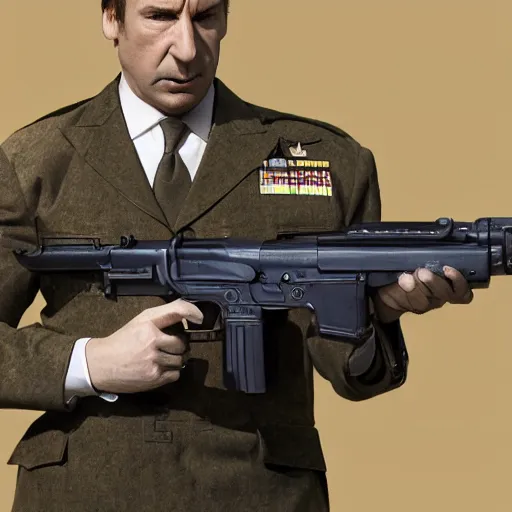 Image similar to Saul Goodman wearing heavy modern military gear and holding a machine gun, highly detailed, 4k