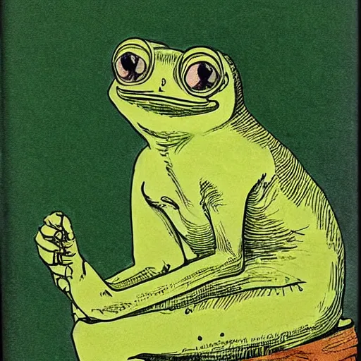 Prompt: julenisse, lavenisse, pepe the frog, by theodor severin kittelsen, kjell aukrust, ink drawing, dip pen