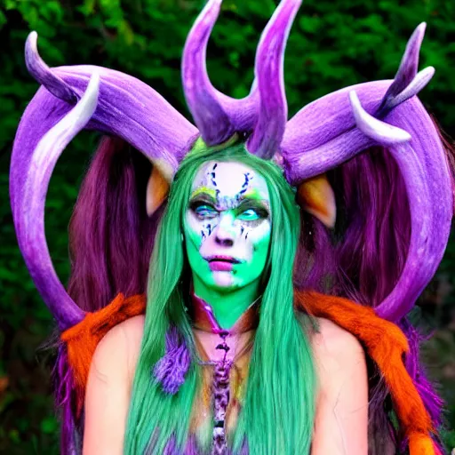 Prompt: tiefling druid with deer antlers growing out of their head blonde hair and large tribal jewelry and face paint, purple, mint, teal, orange, pink, green, red