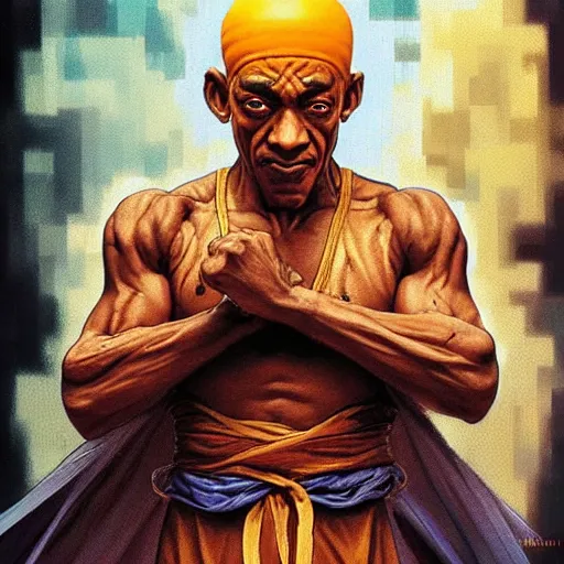 Image similar to giancarlo esposito as dhalsim street fighter, 4 k, ultra realistic, detailed focused art by artgerm and greg rutkowski and alphonse mucha