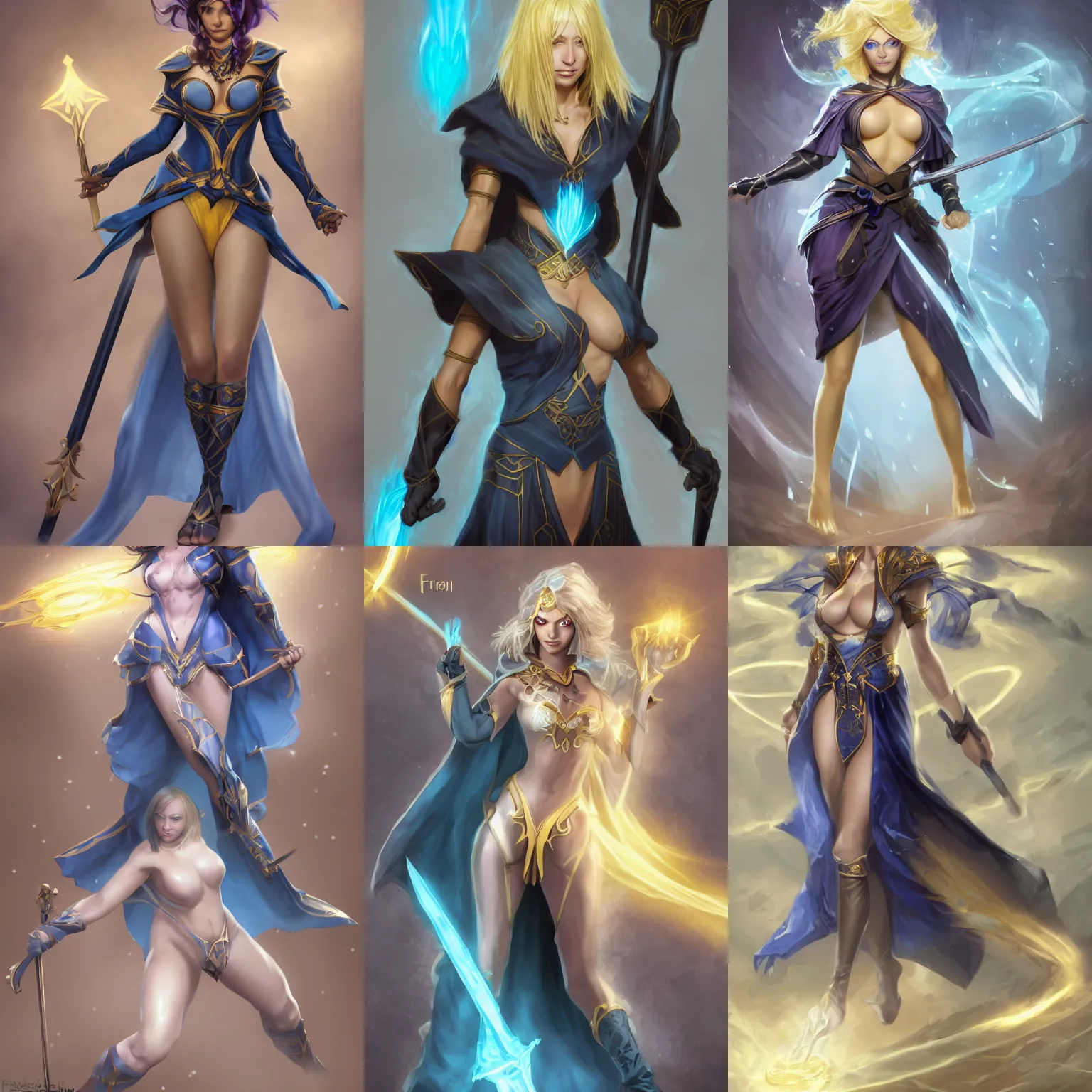 Image similar to Beautiful Mesmer 40 years old Woman, light yellow hair, blue eyes, dark brown skin, Light blue and black robes, covered, no cleavage, no visible midriff, and floating illusory swords, multiple illusory arms, visible face, by Frank Franzetta, cgsociety, artstationHD, safebooru, high quality, HD