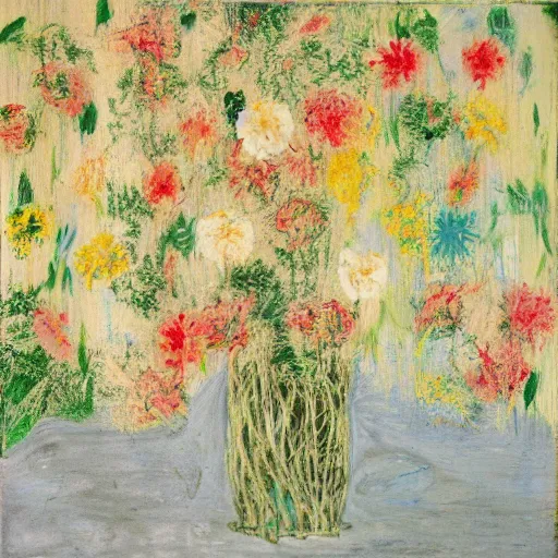 Prompt: an oil painting of dripping flowers by cy twombly