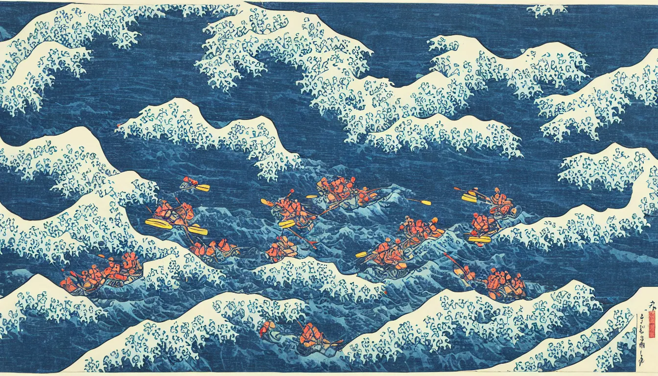 Prompt: river rafting over great wave by hokusai