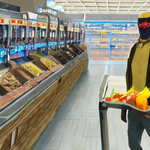 Image similar to a masked man at a self checkout stealing a single banana, trending on artstation, depth field, unreal engine, cinematic, hyper realism, high detail, octane cinema 4 d render, a 2 4 cinematography, 8 k