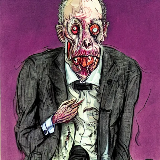 Image similar to Jacob Rothschild full body shot, dollar bills Body horror, biopunk, by Ralph Steadman, Francis Bacon, Hunter S Thompson