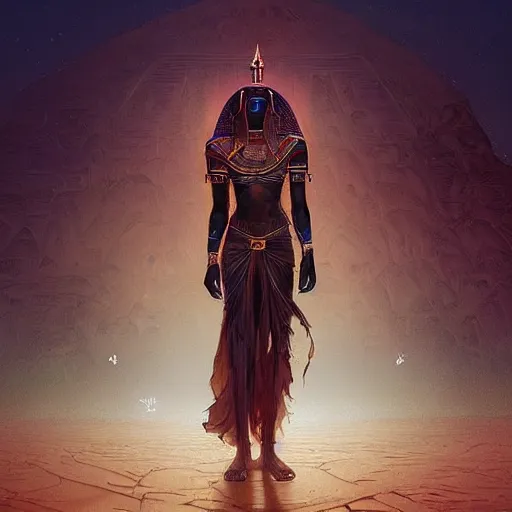 Image similar to “an interdimensional explorer, wandering through the desert, afterlife, Egyptian, D&D, fantasy, intricate, cinematic lighting, highly detailed, digital painting, artstation, concept art, smooth, sharp focus, illustration, art by Artgerm and Greg Rutkowski and Alphonse Mucha”