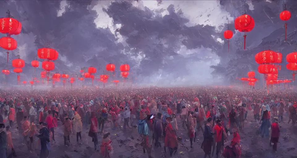 Prompt: craig mullins and ghibli digital art of zhongyuan festival in china ， red lanterns in the sky, black night sky, stars, below is the crowd, rivers, villages ， unreal engine, hyper realism, realistic shading, cinematic composition, realistic render, octane render, detailed textures, photorealistic, wide shot