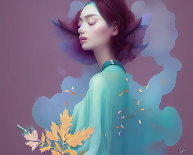 Image similar to highly detailed pastel colors of an ethereal moroccan beauty blowing a birthday candle, morphing into autumn leaves, by artgerm and hsiao - ron cheng, smooth composition, fine patterns and detail