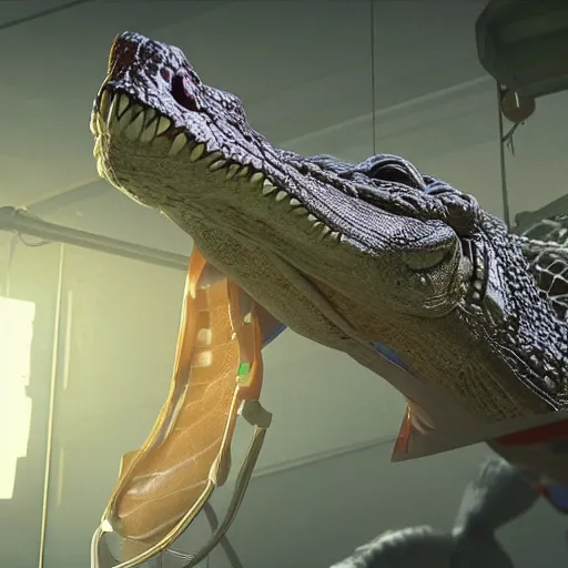 Prompt: crocodile crocodile dressed as a surgeon operating on a patient, fluorescent lightning, unreal engine 5