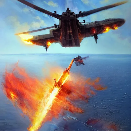 Image similar to a beautiful painting by james gurney, 8k resolution, still images trending on artstation a face of an old military helicopter shown drifting offshore in flames. Style of Blade Runner 2049