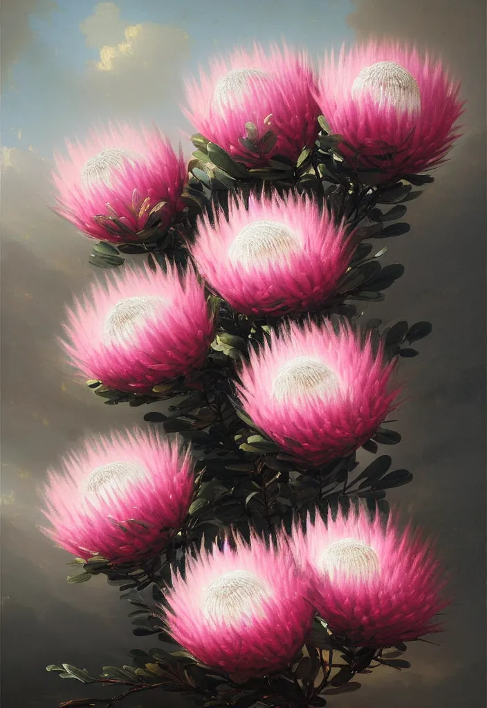 Image similar to detailed pink and white proteas against a black backdrop by ivan aivazovsky, detailed brush strokes, oil painting, artstation