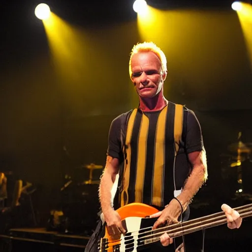 Prompt: Sting playing bass wearing a stripped yellow black jersey, volumetric lighting, sharp focus