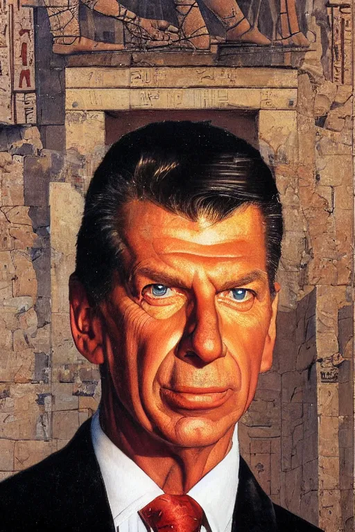 Image similar to a closer personal portrait of vince mcmahon with very piercing eyes, very charismatic. in the old ancient temple of luxor. masterpiece, dark. painted by norman rockwell and james gurney