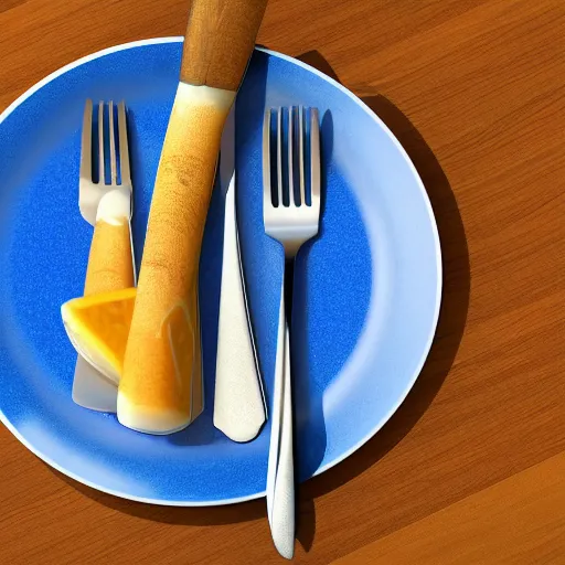Prompt: a hyperdetailed blue fork, 3 d render, ultra high detail, octane render, rtx, hdr, the fork is on a plate, the plate is on a wooden table.