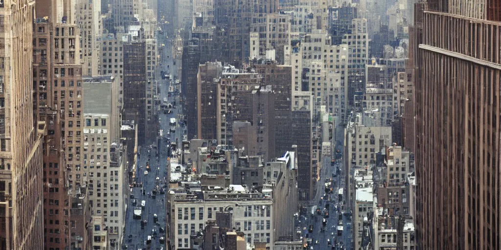 Prompt: a real photo of a beautiful new york street viewed from a very far away skyscraper's window, by saul leiter, color photography, ultra detailed, cinematic, 4 k uhd