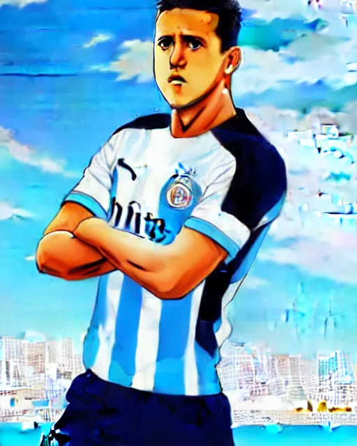 Image similar to portrait Anime Alexis Sanchez; white football shirt, Marseille beach in background || anime, manga cute-fine-face, pretty face, realistic shaded Perfect face, fine details. Anime. realistic shaded lighting by Katsuhiro Otomo