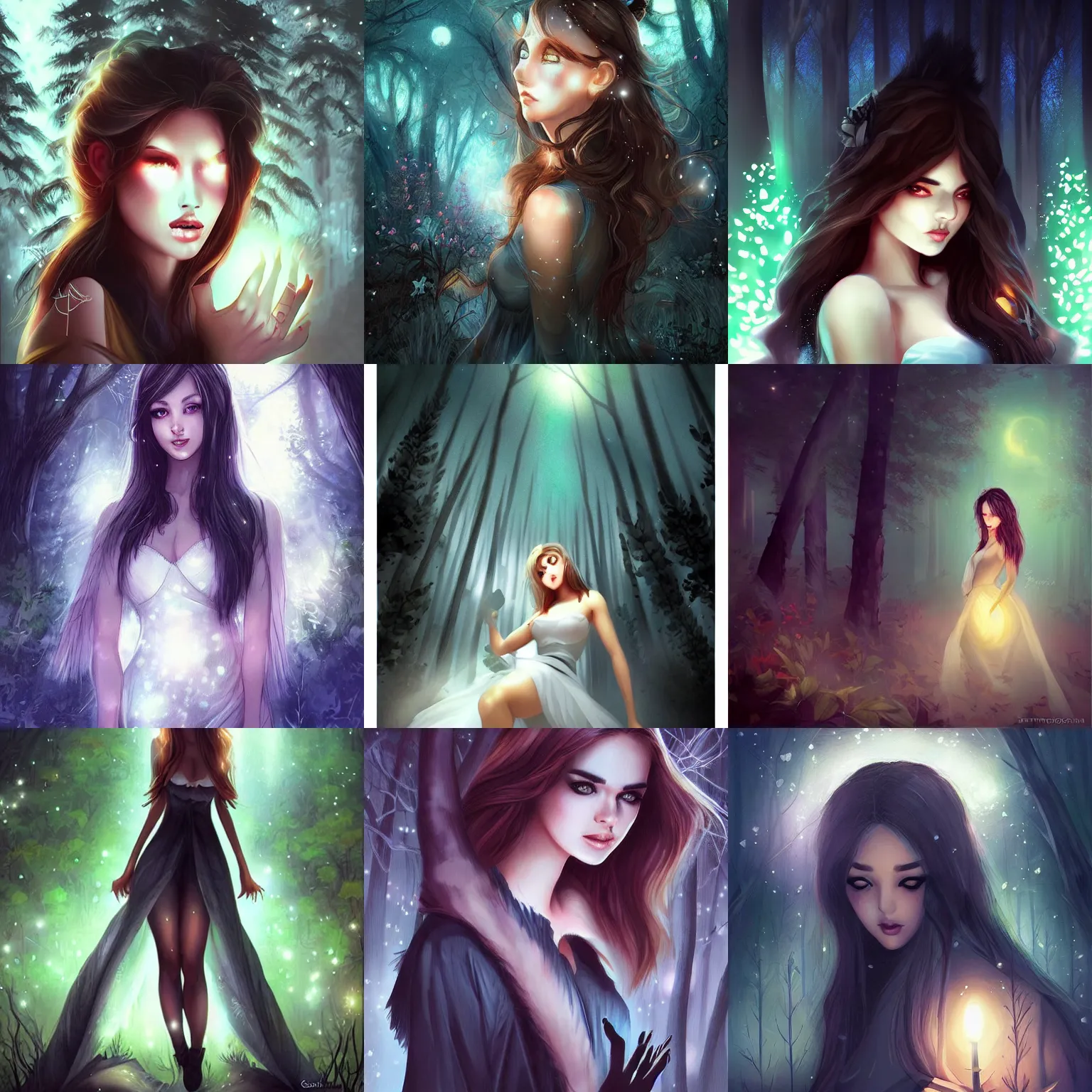 Prompt: beautiful girl in the night, in a dark forest illuminated by moonlight, , in the style artgerm, digital art, trending